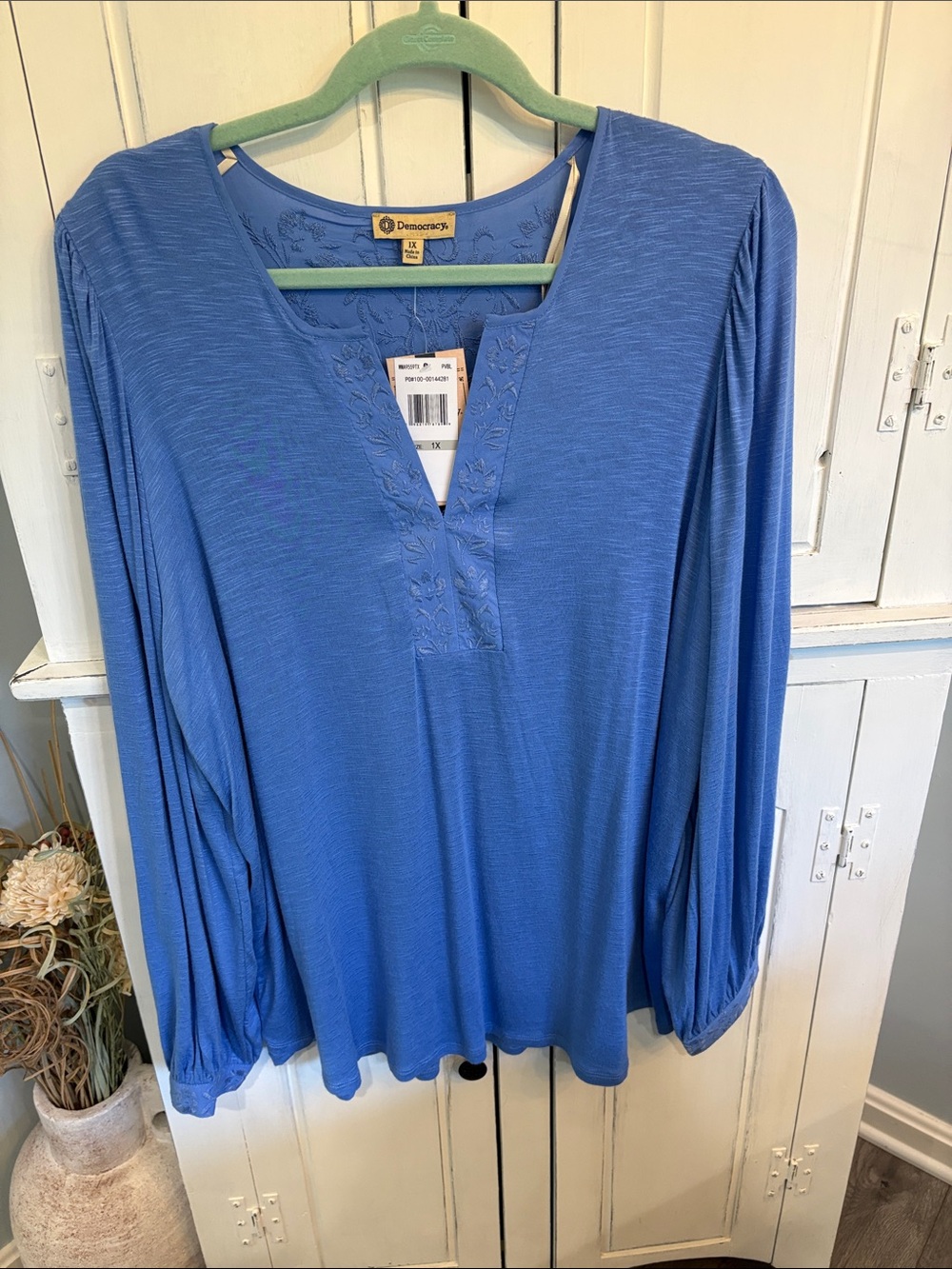 Democracy Blue Long-Sleeve Split V-Neck Top